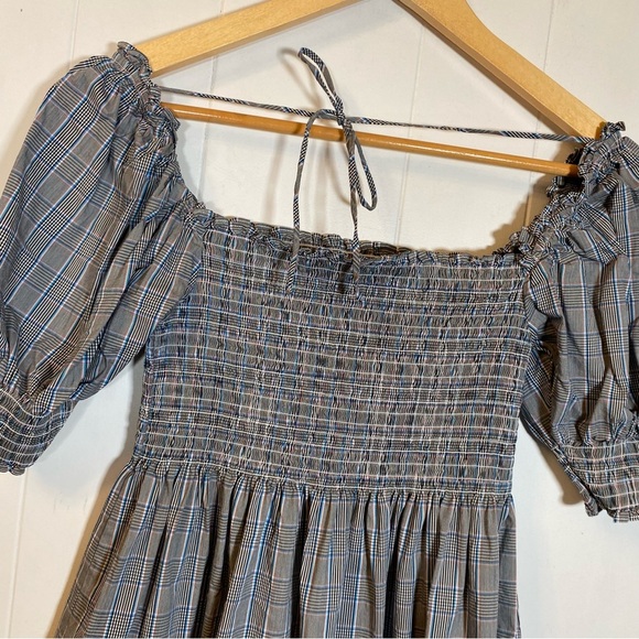 Hill House The Athena Nap Dress Plaid Grey Babydoll Smocked Blue Puff Sleeves - Picture 4 of 9